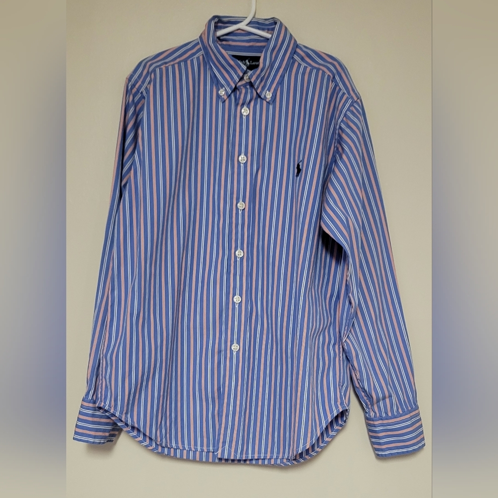 Ralph Lauren Boys Stripe Button Down Long Sleeve Shirt Red/White/Blue S(8)